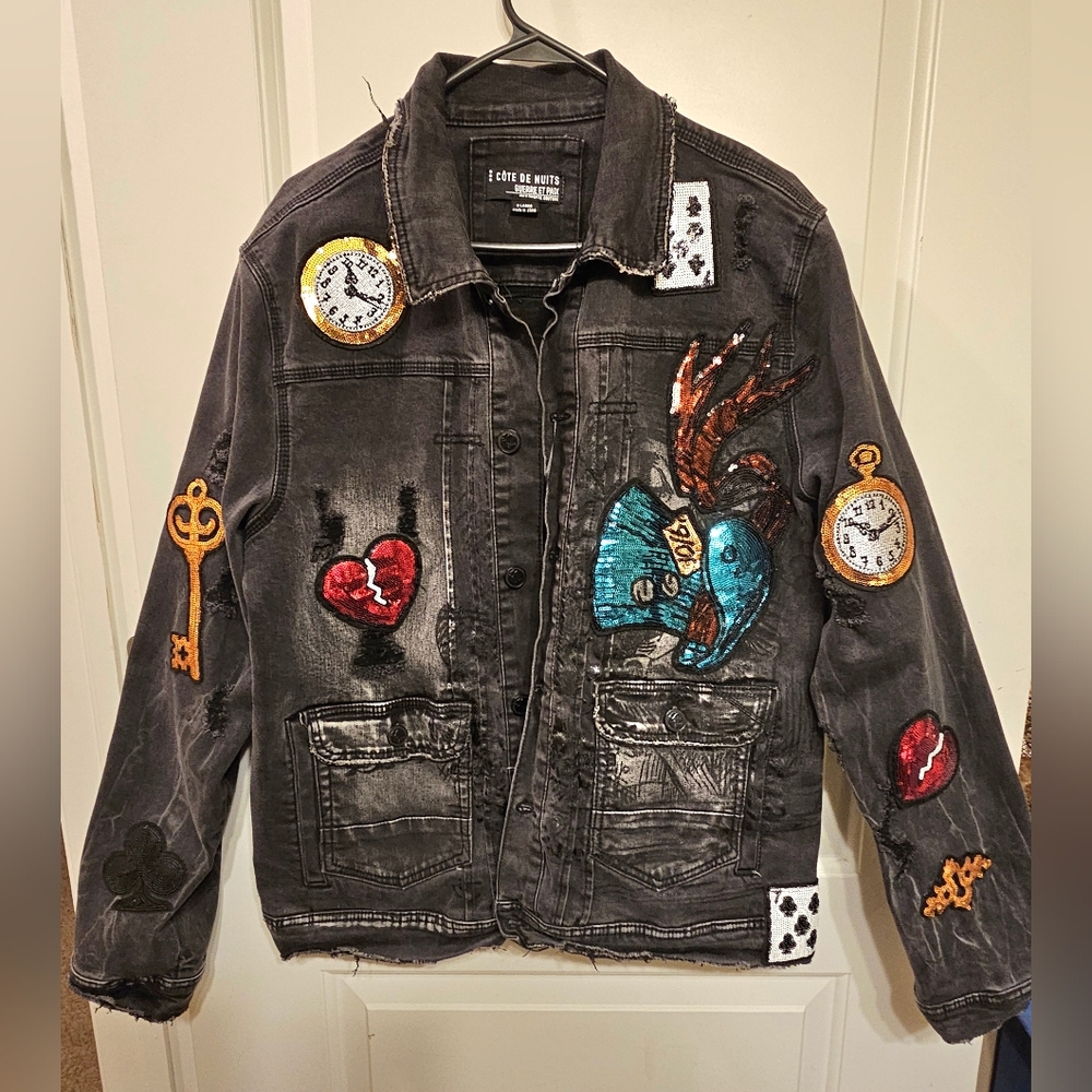 NWT-COTE DE NUITS "Alice in Wonderland/Mad Hatter" Themed  Denim Jean Jacket XL